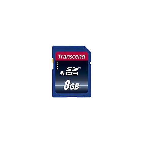 Blaue Transcend SDHC Speicherkarte mit 8GB, roter Schriftzug.