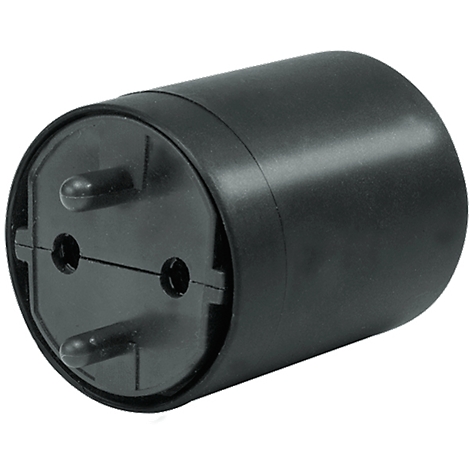 Black plug with two pins and two holes. The cylindrical body is also black.