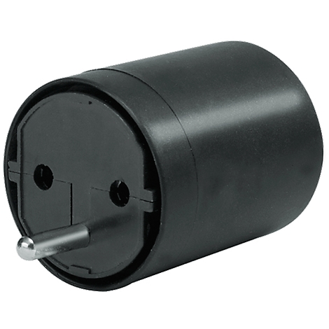 A black Euro plug with two holes and a metal pin.