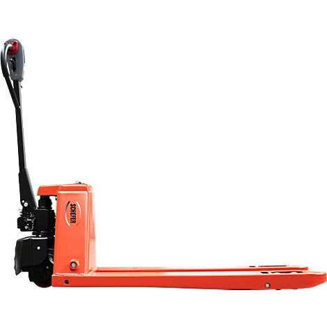 Un transpalette électrique orange avec une poignée noire, vu de côté sur fond blanc.