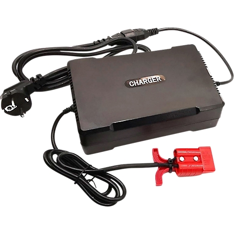 Chargeur noir avec connecteur rouge. L'appareil indique "CHARGER". Un câble d'alimentation avec prise est à côté.