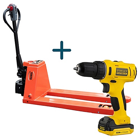 Transpalette orange et perceuse sans fil jaune avec signe plus pour symboliser une combinaison d'outils.