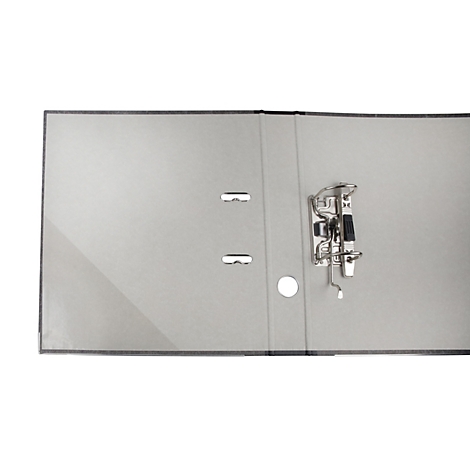 Grey file folder, open. The metal brackets are visible on the right. Two holes for binding.