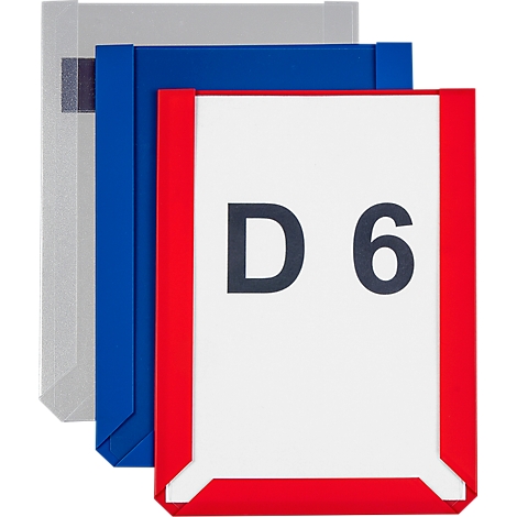 Three colored folders. Red with white sheet and black font "D 6", blue, silver.