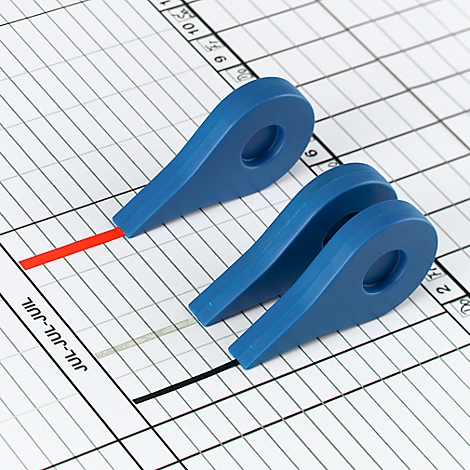 Three blue time markers on a grid chart. A red line marks the timeline. The markers are teardrop shaped.