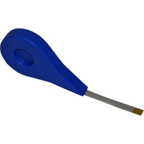 Blue plastic tool with long handle and metal blade. It has a round recess at the head.