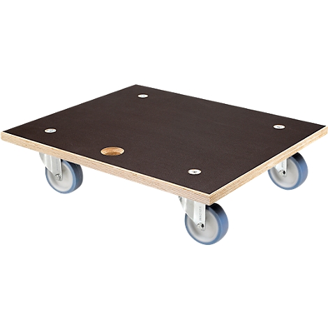 Wooden transport trolley with castors, brown surface, light wood at the edges, hole.