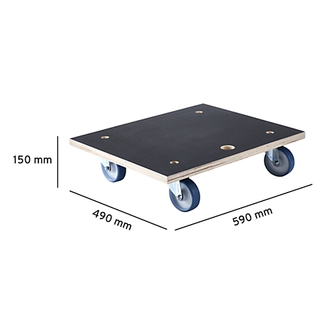 Black transport plate on wheels, dimensions 590 x 490 x 150 mm. Angular shape with four wheels and holes.