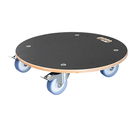 Round dolly, black, with handle and four blue wheels.