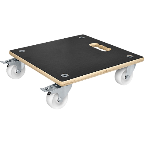Black transport plate with wheels. Wooden board, carrying handle, four white wheels.