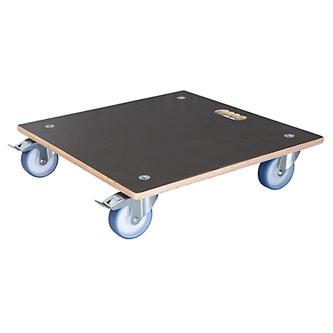 Black transport plate with four wheels. A recessed handle is incorporated.