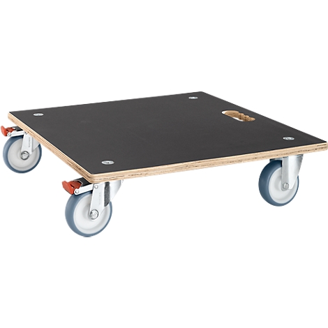 Black transport plate with four wheels, handle and red locking brakes.