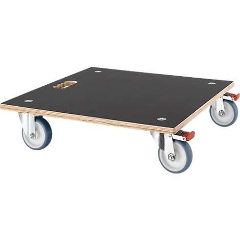 A black dolly with 4 wheels against a white background.