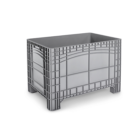 Grey plastic box, square shape, grid structure on sides, upright feet.