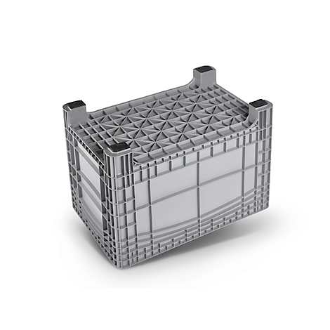 Gray plastic box, rectangular, with open grid lid, on white background.