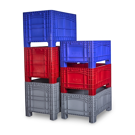Stacked blue, red, and gray plastic crates, interlocking. The crates are shown against a white background.
