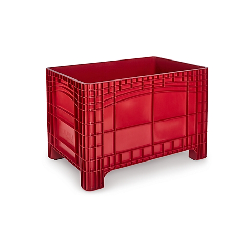 Red plastic crate with a rectangular shape, standing on four feet, empty.