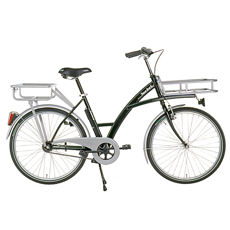 Dark green bicycle with silver baskets, mudguards and luggage carrier. The inscription "Jeeckel" can be seen on the frame.