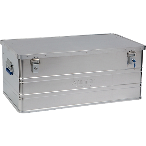 Silver aluminum box with lid and closures. Two blue handles and the logo are visible.