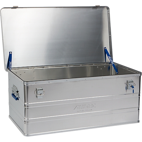 Open aluminum box with lid. Blue hinges and handles, box name 'ALUTEC'.