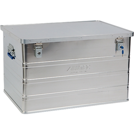 A silver aluminum box with lid, closures, and logo.