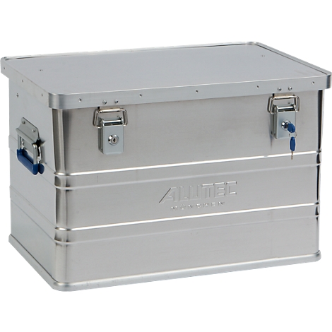 Silver aluminum box with handle, locks and the inscription 'AHlTEC'.