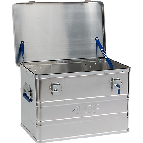 Silver Alutec box with open lid. Blue struts hold the lid, revealing the inside. The box has the word Alutec on it.