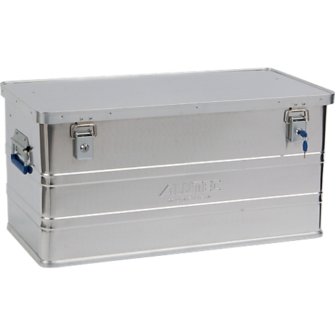 Silver aluminum box, rectangular, with two latches and a hinge.