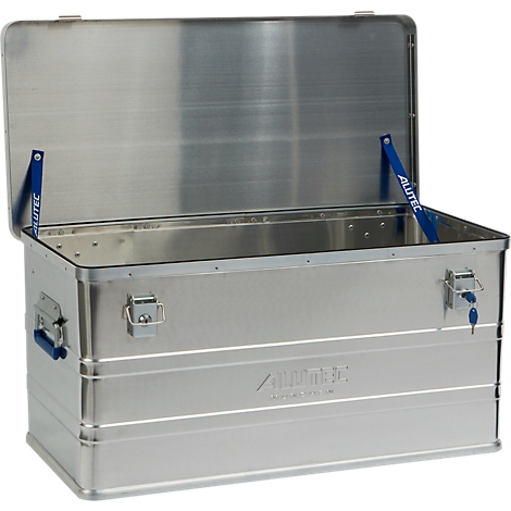 Open aluminum box with blue handle and hinges, including a lock. The box says "ALUTEC".