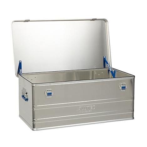 Open, silver-colored aluminum box with blue hinge and handle.