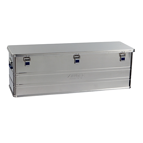 Silver aluminum tool box with blue clasps. The box is set against a white background.