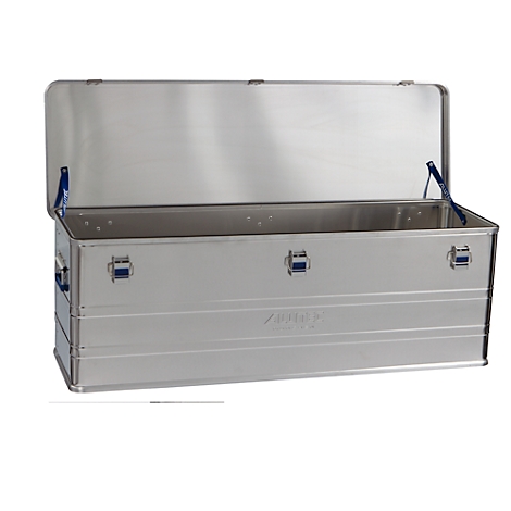 Silver aluminum box with open lid. Blue hinges and closures. Inscription: ZARGES.