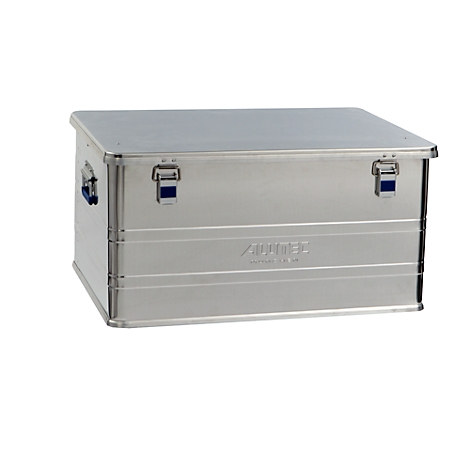 Silver aluminum box with lid, two blue clasps, and a carrying handle.