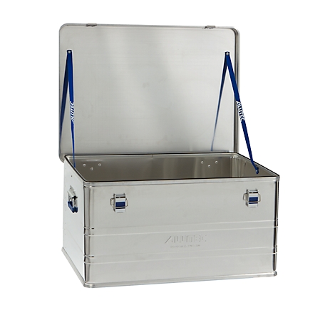 A silver aluminum box with open lid. Blue supports hold the lid. Locks are visible on the box.