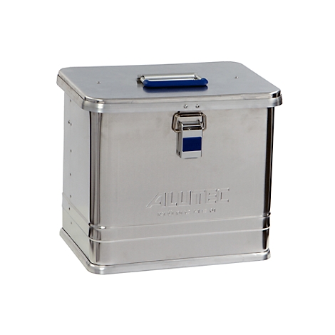 Silver aluminum box with blue handle and clasp. The box says "ALLITE".