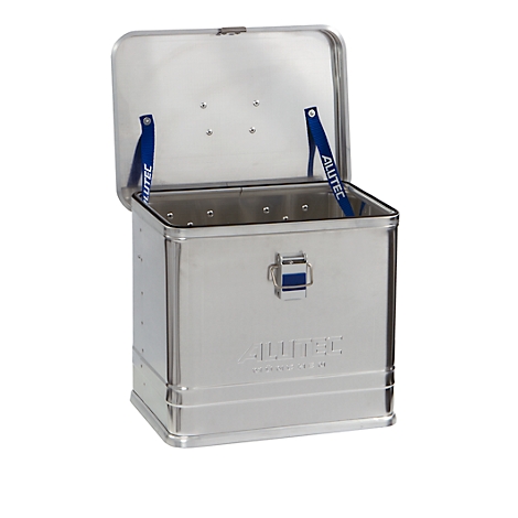 Silver aluminum box with open lid, blue retaining straps, "ALUTEC" logo.