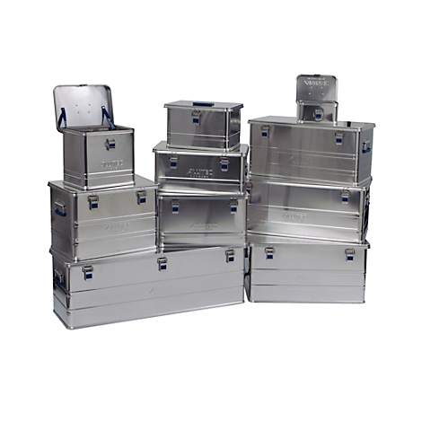 Arrangement of various aluminum boxes. Some are open, others closed. Details such as blue locks are visible.