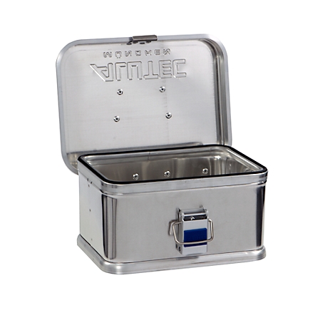 Silver transport box with open lid. Blue elements on the clasp. Lettering: "JETUJA".