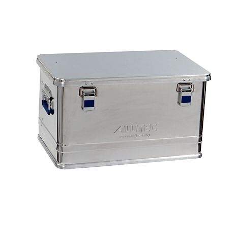 Silver aluminum box with blue clasps and the inscription "ALUMINTEC".