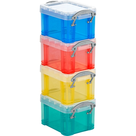 Four transparent, colored boxes stacked on top of each other. Blue, red, yellow, and green boxes with gray handles and lids.