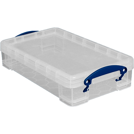 Transparent plastic box with blue handle and lid.
