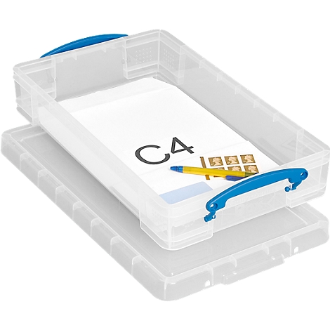 Transparent plastic box with blue handle, lid open. Inside are papers with 'C4' printed on them and pens.