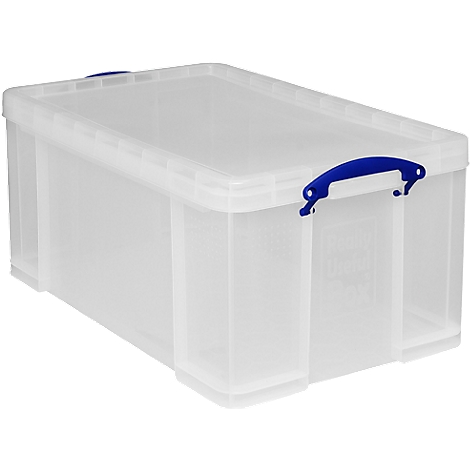 Transparent plastic box with blue handle and lid.