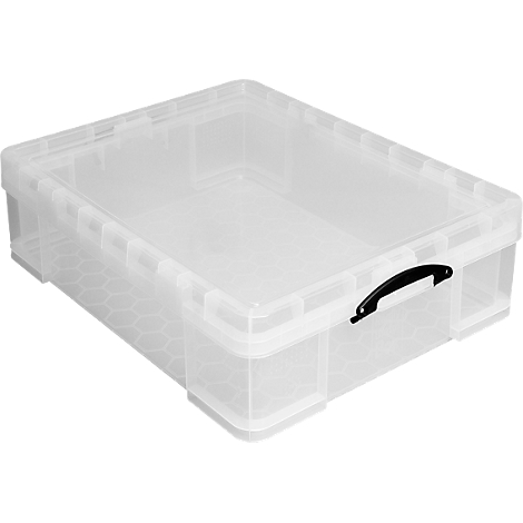 Transparent plastic box with lid and black handle, photographed slightly diagonally from above.