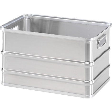 Silver metal box with handles and ribbed sides.