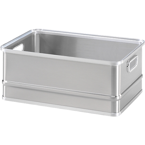 Silver rectangular transport box with handles. A white plastic frame is attached to the top edge.