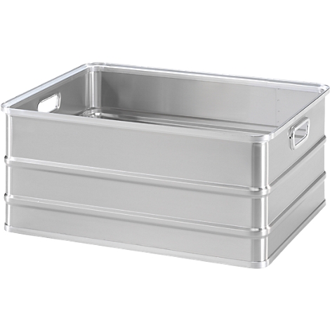 Silver transport box with handles and a ribbed surface. Rectangular shape.