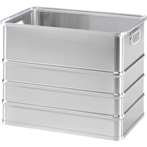 Silver aluminum transport box, rectangular with handles and horizontal reinforcements.