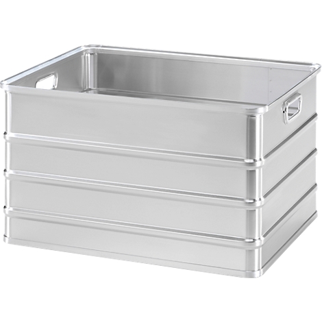 Silver aluminum box with handles, ribbed surface and open lid.
