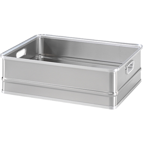 Rectangular metal box with handles on the sides. The rim is bright and shiny.